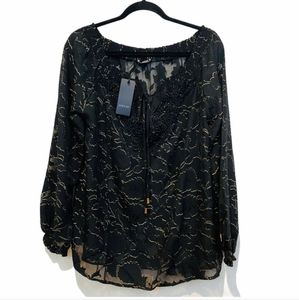 NWT Sheilay Sheer Floral Peasant Blouse Black & Gold Size S